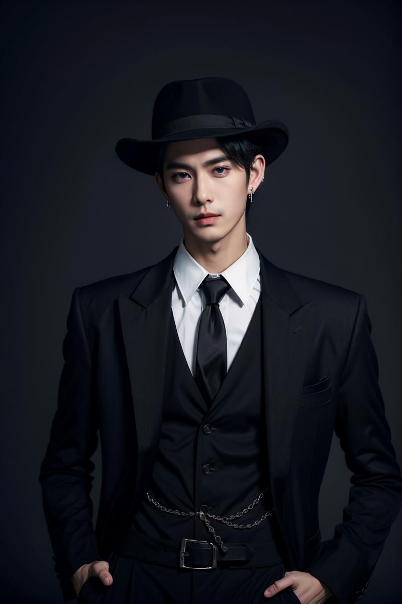 01997-3906505930-sd mai, Suit thug, solo, 1boy, male focus, hat, shirt, necktie, jewelry, earrings, formal, looking at viewer, collared shirt, bl.png